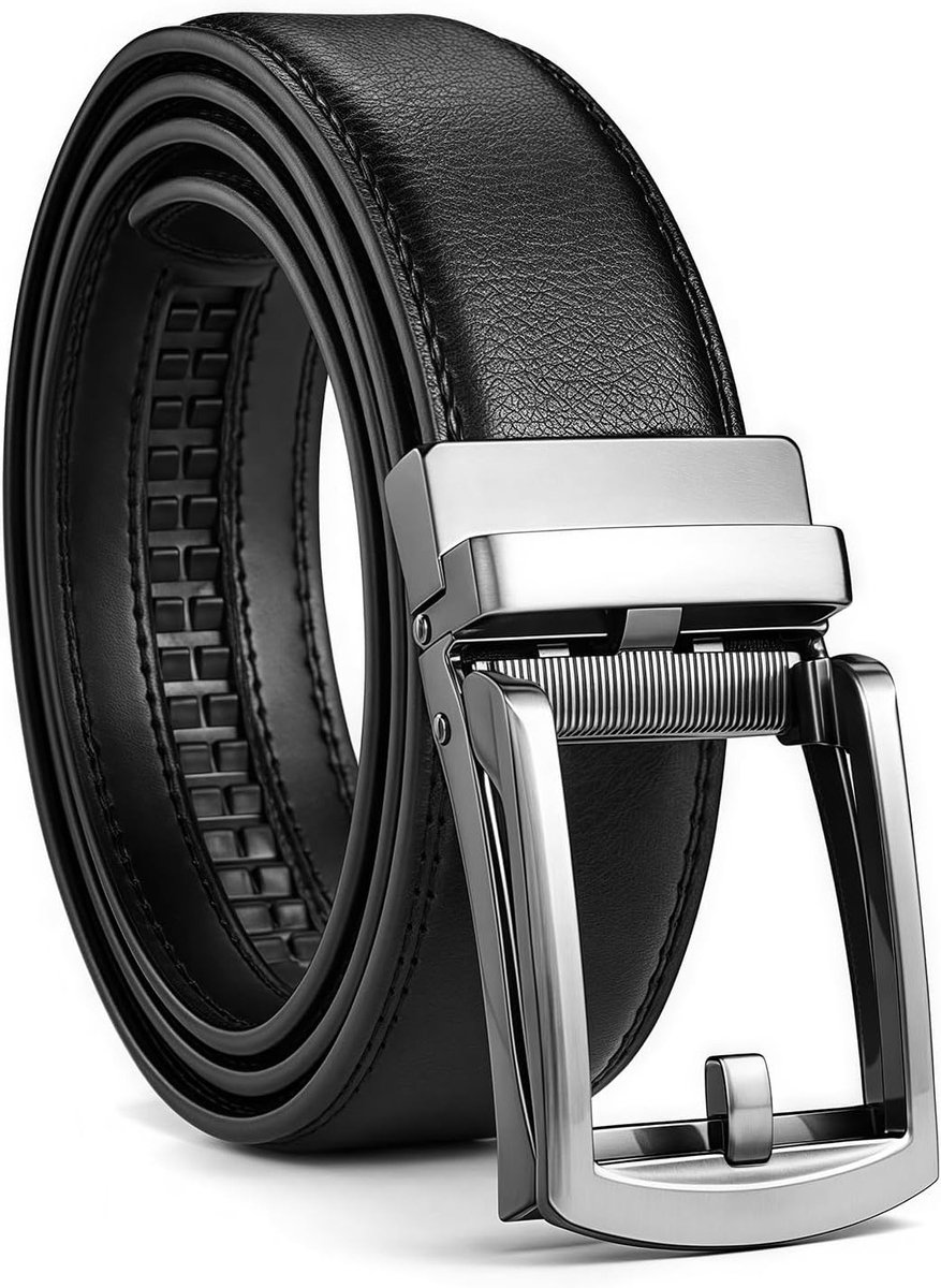 Zwarte Leren Ratchet Riem voor Mannen, Automatische Gesp, Verstelbare Jeans- en Formele Kledingriem, 130 cm met Verpakking