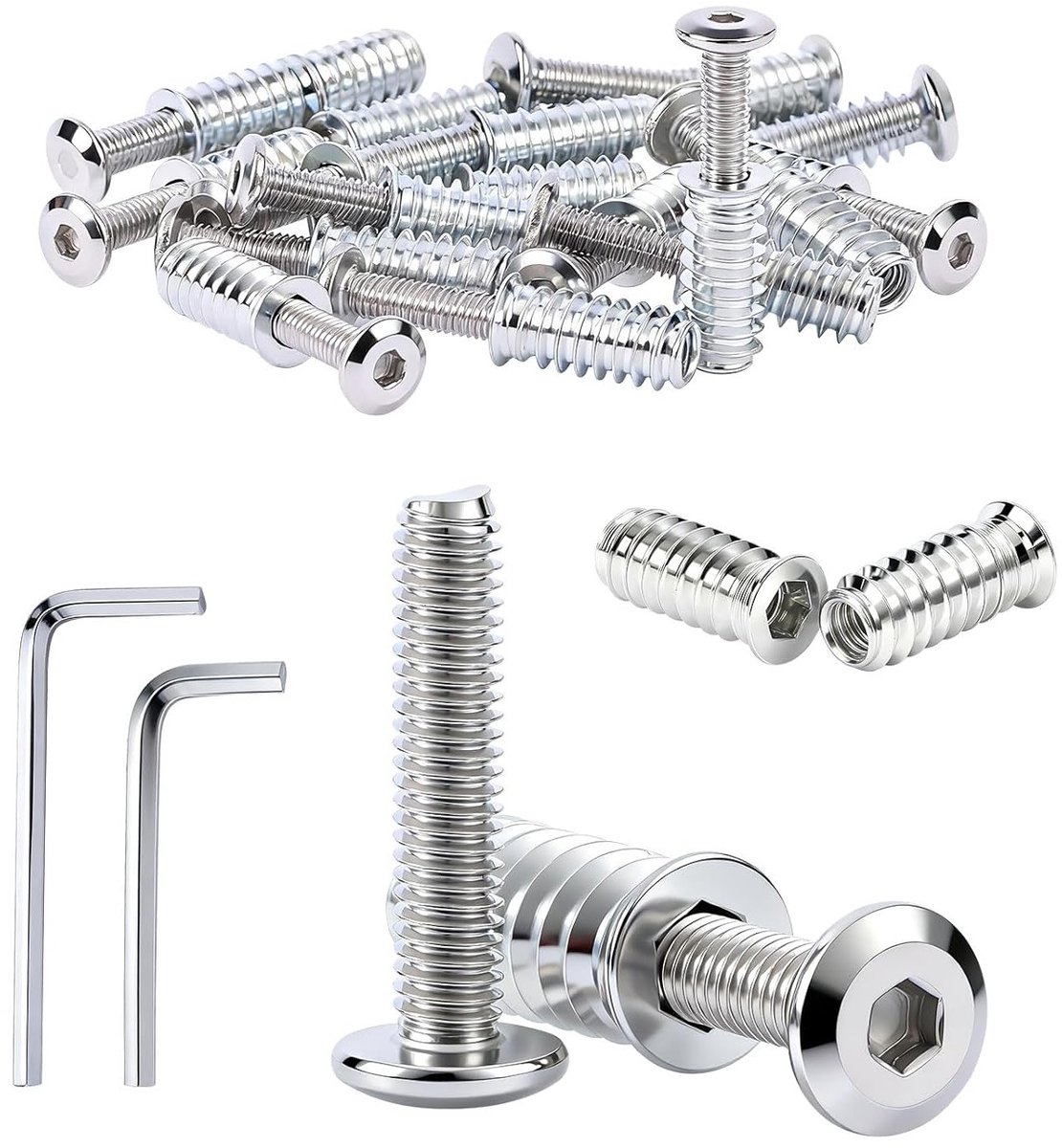 12 sets M6x25mm platte schroeven en M6x30mm roestvrijstalen draadbussen voor houten meubels met 2 sleutels voor eenvoudige montage