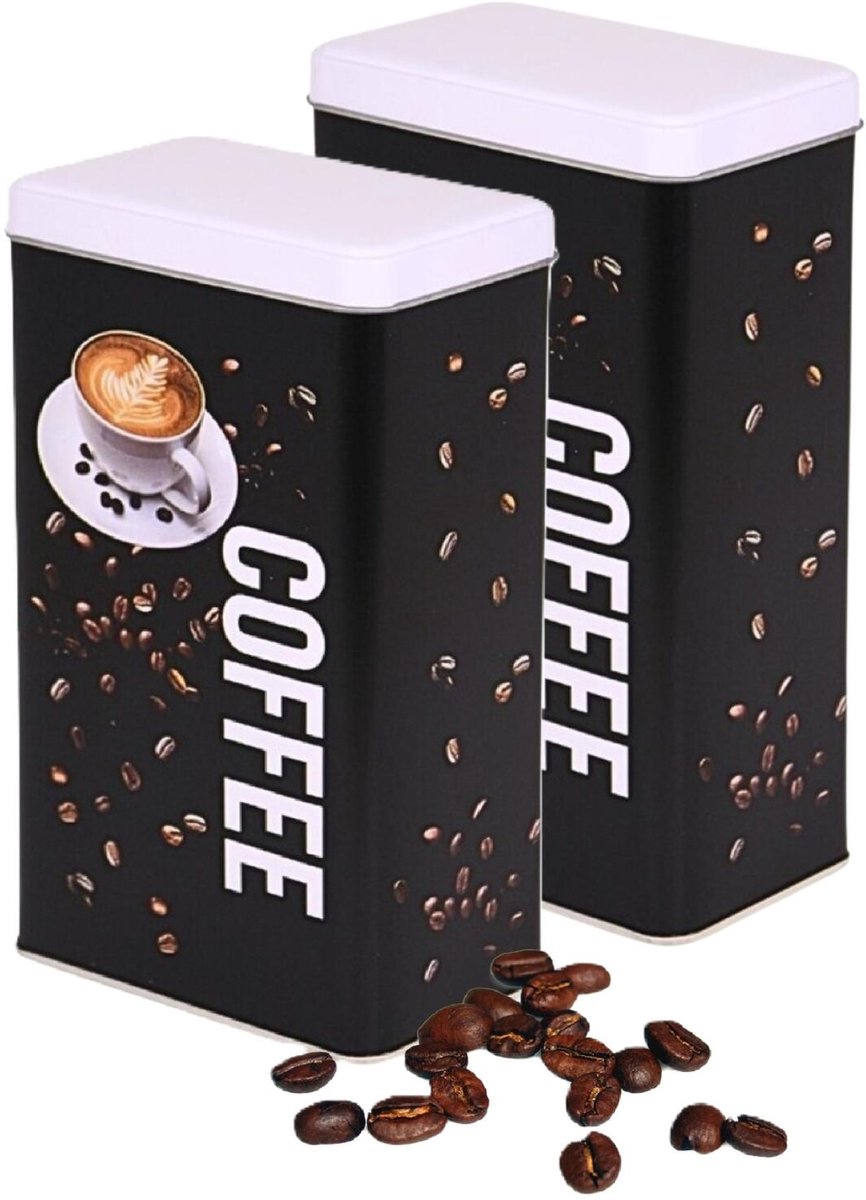 Koffie bewaarblik - 2x - koffiepads / filterkoffie / bonen - zwart - coffee print - 800 ml
