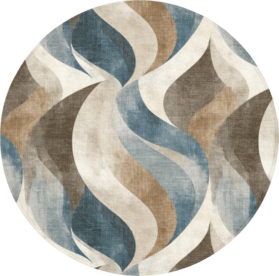 Ronde mat met een abstract golfpatroon in tinten blauw, beige en bruin met een textieltextuur.