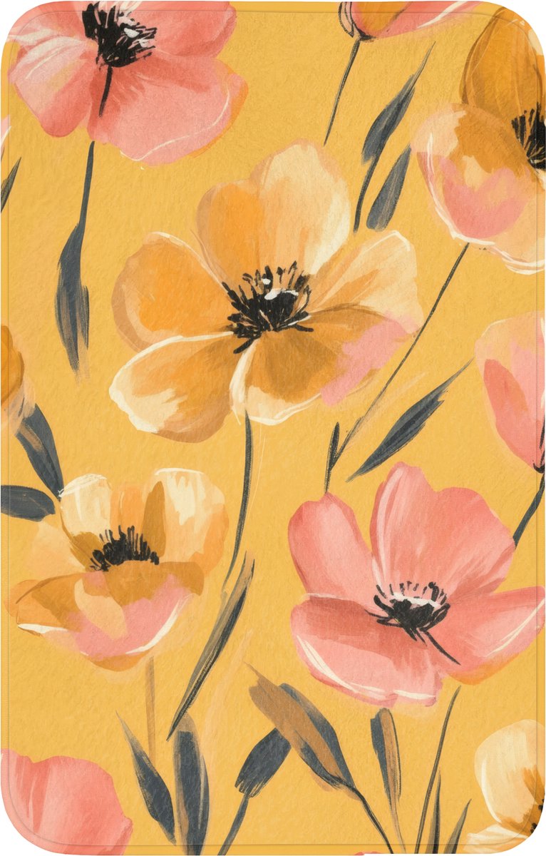 WC mat 50x80 cm - Antislip - Bloemen - Geschilderd - Geel - Toiletmat - Vloermat - Douchem