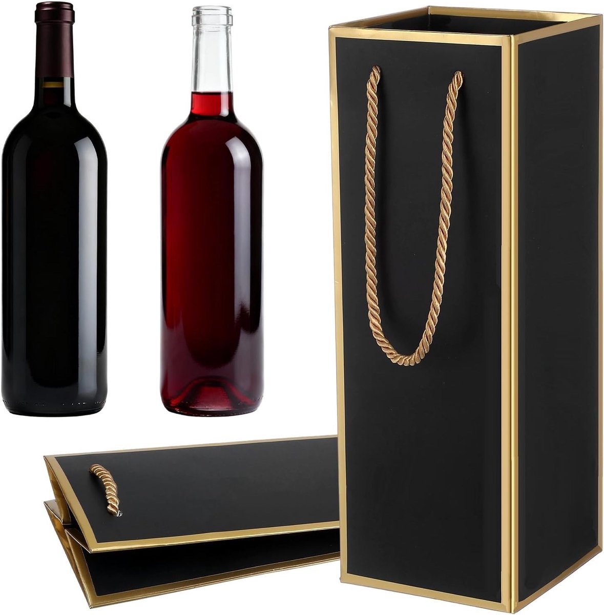 Set van 2 Wijn Cadeautassen, Zwarte Flessentassen met Handvat, Perfect voor Kerst, Bruiloft en Feestjes, 10 x 10 x 28 cm, Papier Cadeautassen voor Wijnflessen