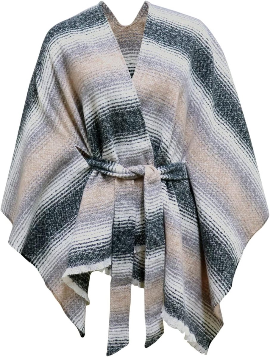 Dames Poncho voor Herfst en Winter - Warme Sjaal met Franje en V-Tie Riem, Modieuze Cape voor Elke Gelegenheid
