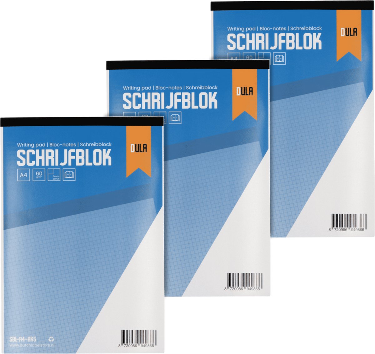 Schrijfblok A4 formaat met ruit 5mm 100 vel - Notitieblok geruit 5mm - 60 grams papier - 3 stuks - DULA