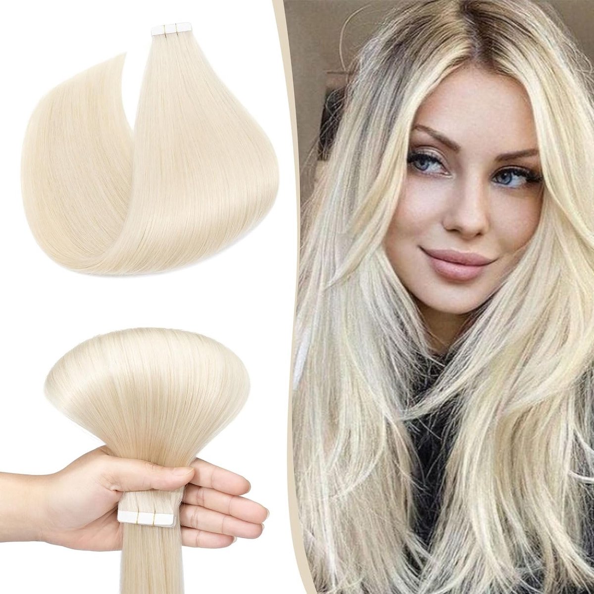 Tape Extensions Haarverlängerung 10 Tressen - 100% Remy Echthaar - Glanzend Wit Bleken #70-1 - Makkelijk Te Bevestigen - ShopVlot