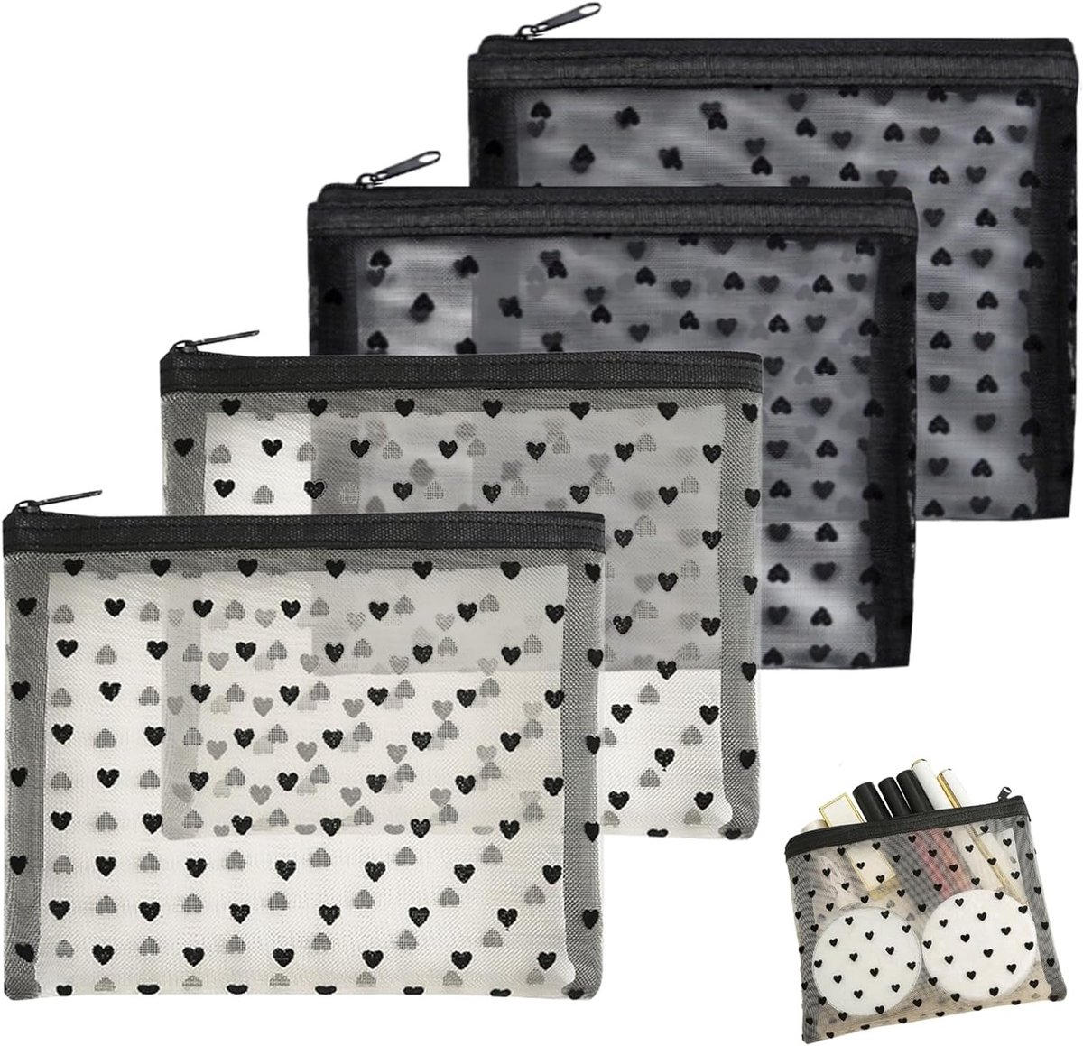 Set van 4 Kleine Cosmetica Tassen voor Vrouwen, Mini Make-up Tas, Draagbare Make-up Tas met Rits, Zwart en Grijs, Ideaal voor Reizen en Dagelijks Gebruik