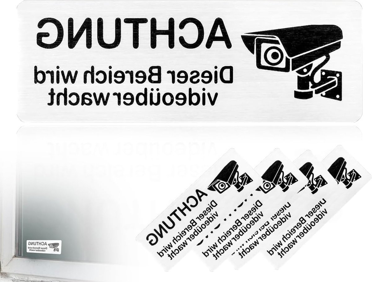 Waarschuwing bord voor cameratoezicht, set van 4 zelfklevende aluminium borden, beveiligen van privéterrein, inbraakpreventie, 8.5 x 3 cm