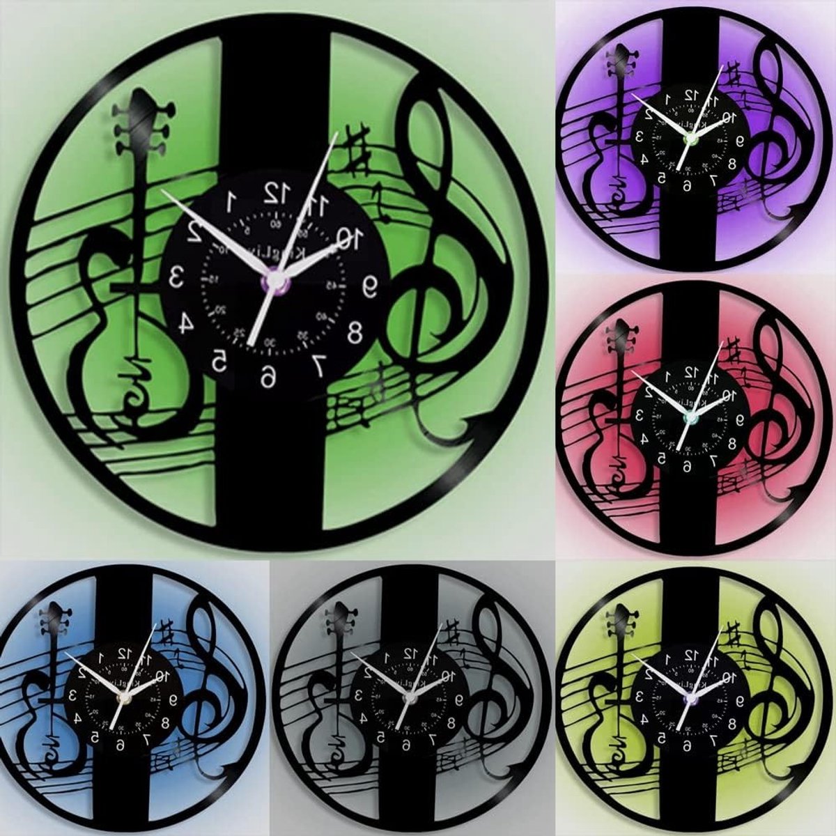 Muurklok met gitaarpatroon en 7 kleuren nachtlampfunctie, perfect cadeau voor muziekliefhebbers en fietsers