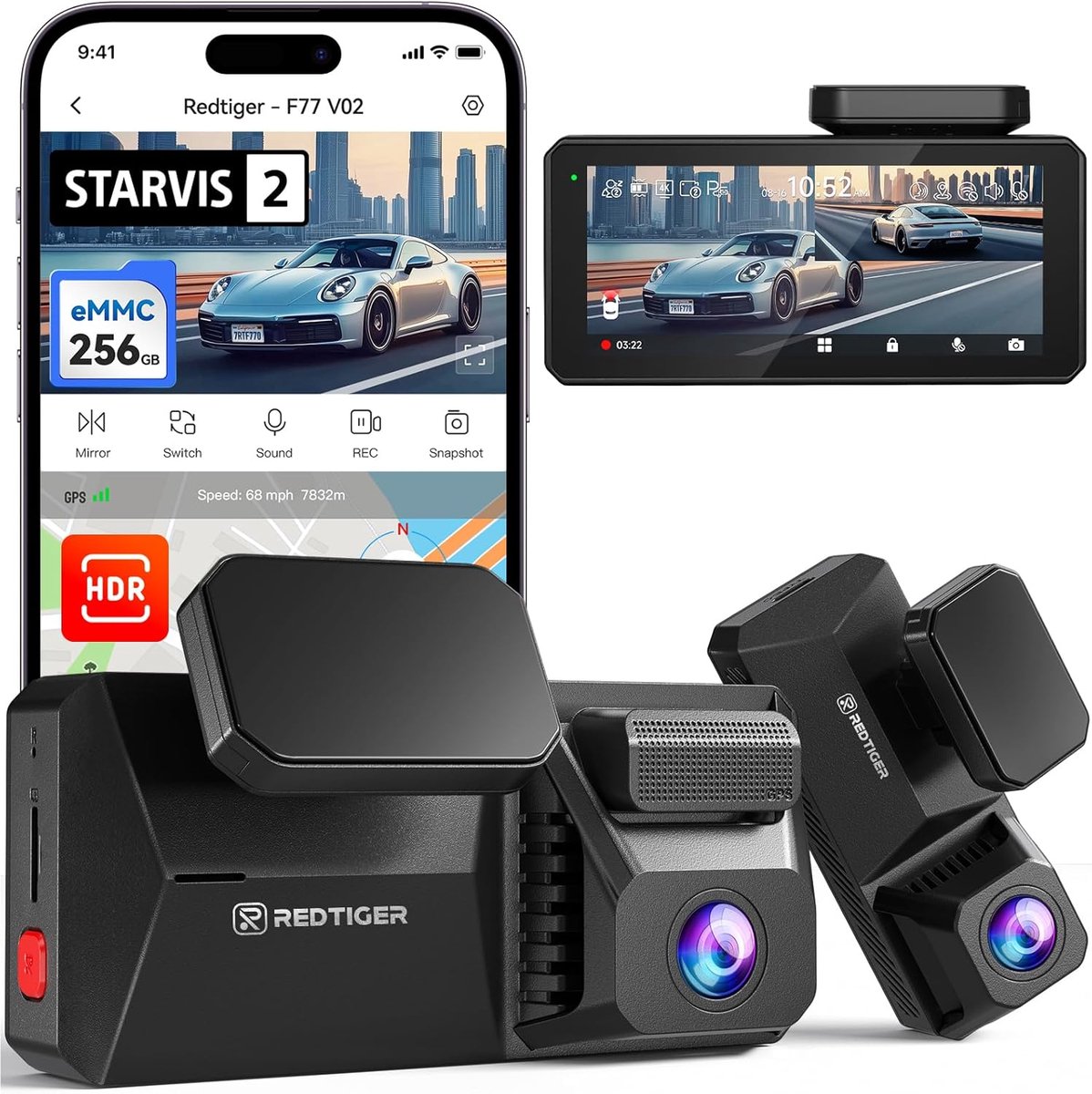 RedTiger F77 VO2 - Dual Dashcam voor auto - Ultra 4K & 4K - Voor en Achter Camera - 2026 model - Met Touchscreen - WiFi en GPS - 4.0 Inch met App - Sony Sensor Nachtzicht - Dashcams - Parkeerbewaking - G Sensor - Loop opname - 128GB Intern geheugen