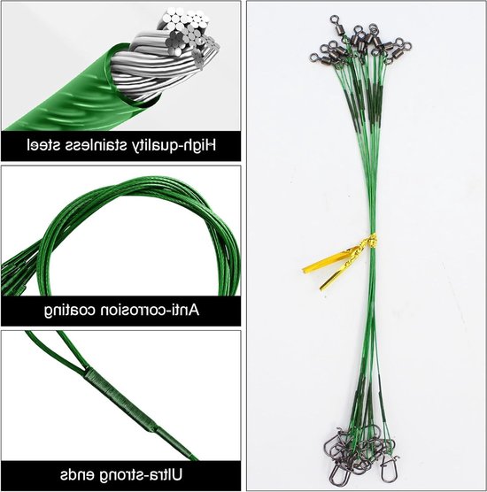 Set van 50 Stalen Voorzakken voor Snoekvissen met Carabiner en Vertebra - 5 Maten, Roestvrij Staal, Bijtbestendig, Visspullen, Groene Voorzakken van 10/15/20/25/30 cm — afbeelding 4