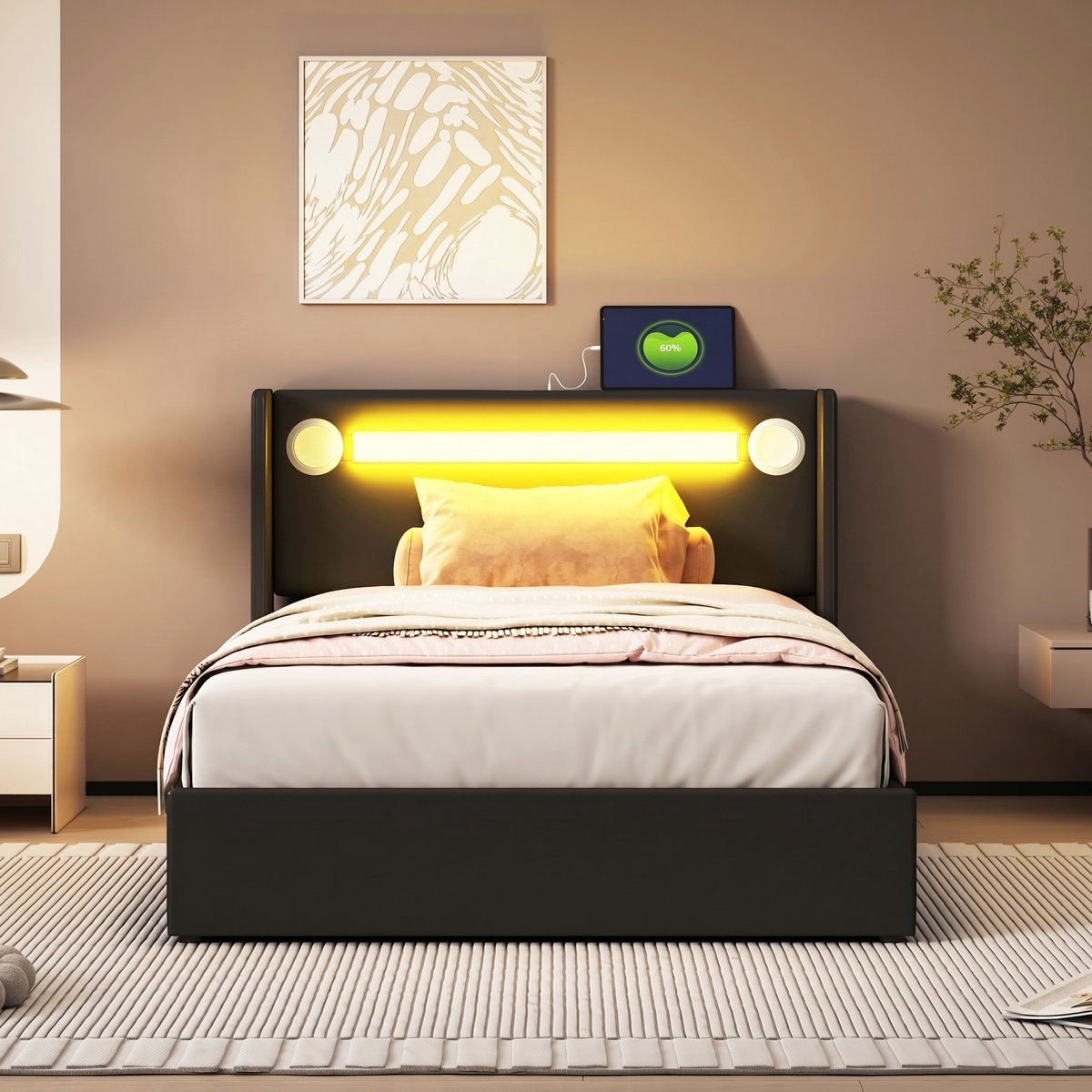 VVBV Hoogslaper met Opbergruimte 90x200 cm - LED-Verlichting, USB, Lattenbodem, Bluetooth/Luidsprekers - PU-leer Blauw