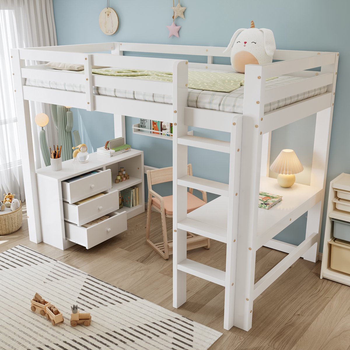 FloraGrace Hoogslaper 90x200cm - Met Bureau en Opbergruimte - Met Ladekast en Vierstaps Ladder - Kinderbed - Hout en MDF - Wit - Zonder Matras
