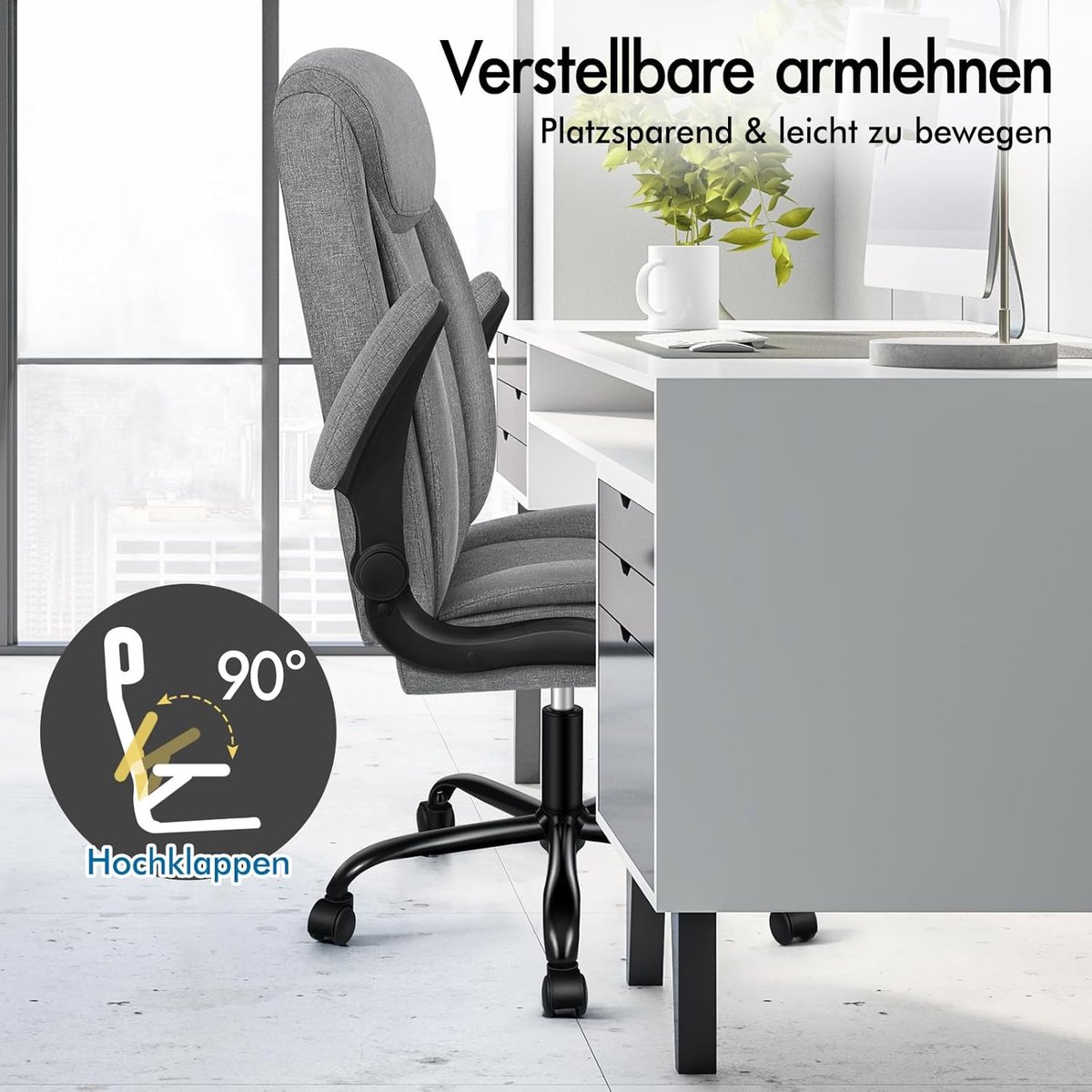 Ergonomische bureaustoel met massagefunctie – House&Garden Executive Directiestoel – Verstelbare kantoorstoel met kantelfunctie 90°–135°, hoge rugleuning S-curve, armleuningen, wielen, 360° draaistoel, luxe linnen stof, 150 kg draagvermogen – Grijs