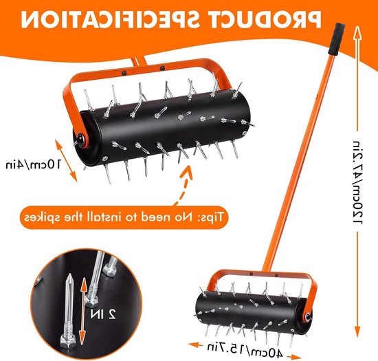 Handmatige Grasbeluchter met 42 Spikes en Spatbescherming, Ideaal voor Tuin, Gazon en Patio, 180 x 38 cm — afbeelding 2