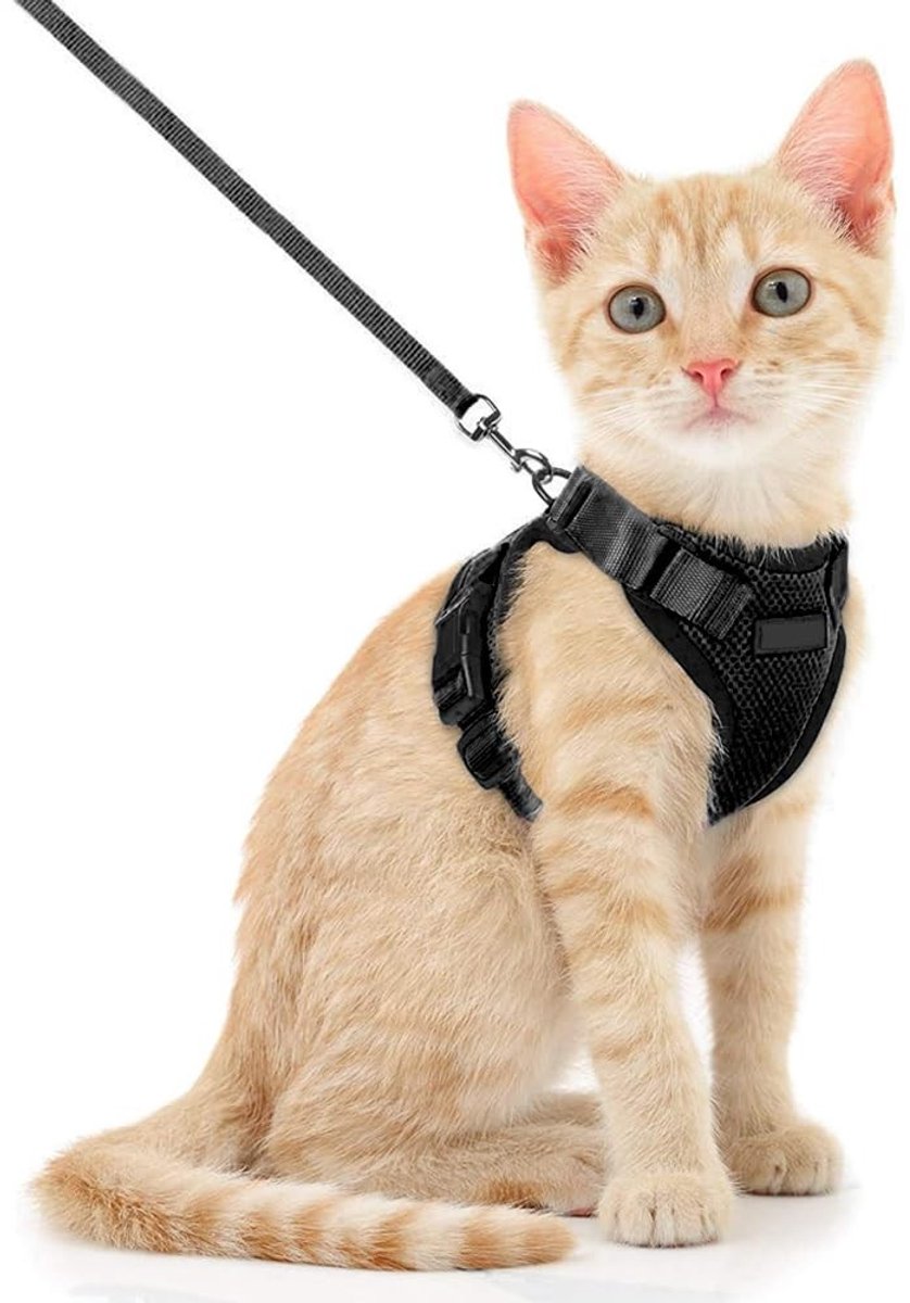 MTTproducts- Kattenharnas Verstelbaar - Veiligheidsharnas - Looplijn 150 cm - Voor Kleine/Middelgrote/Grote Katten - Wandelen/Reizen - Zwart - Hondentuig