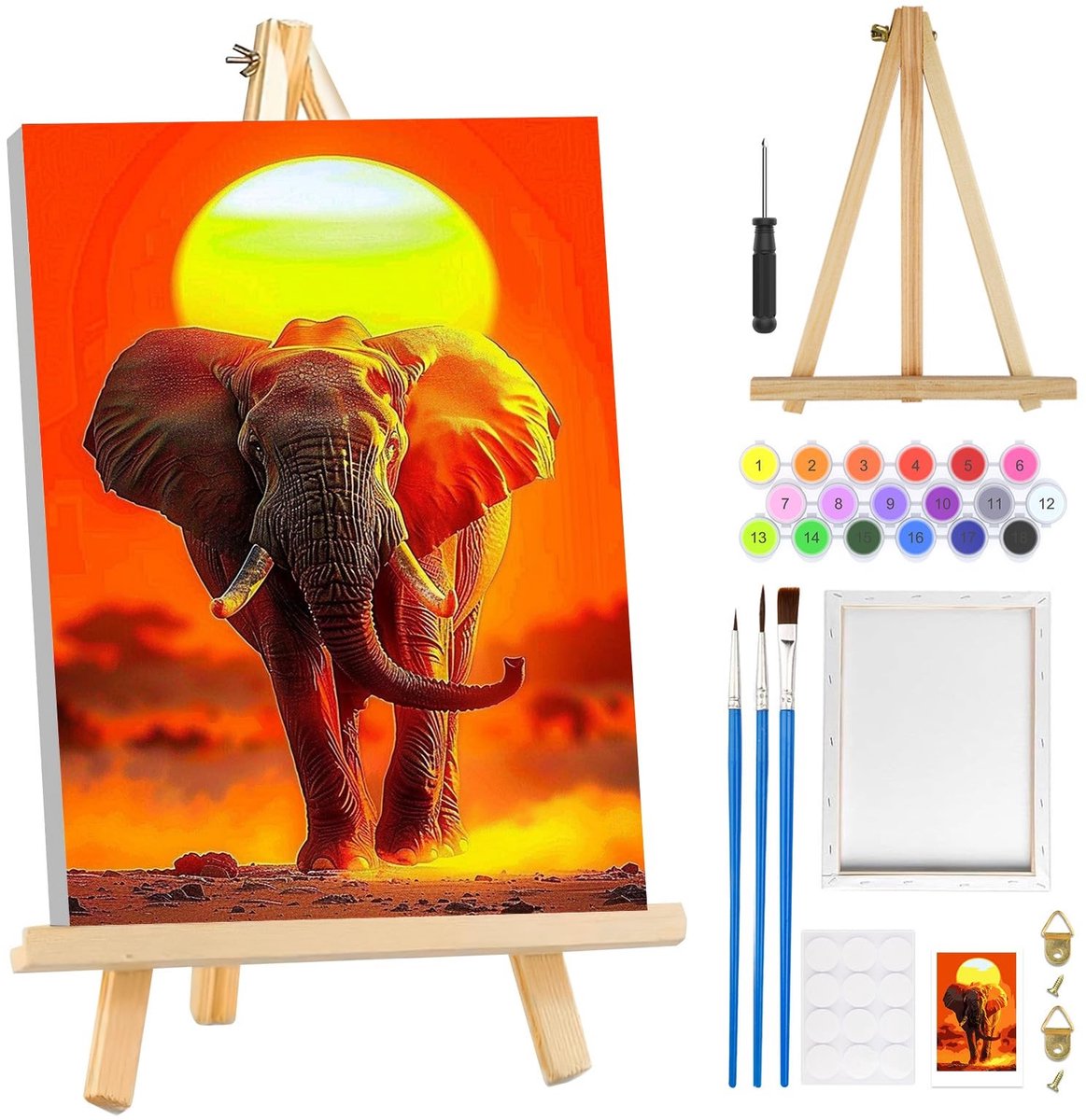 Dailygoods- Verf op Nummer voor Volwassenen - Olifant Schilderen op Nummer - Eenvoudige Doe-Het-Zelf Kit - Inclusief Houten Ezel - Voorbedrukt Canvas - 3 Penselen en Acrylverf - Schilderkit