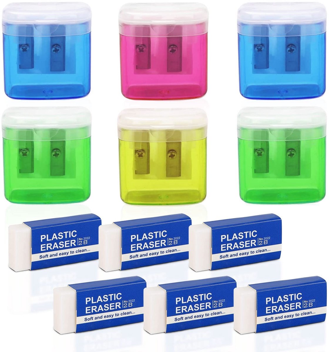 Dailygoods- Puntenslijper Handmatig - Dubbele Gaten - 6 Stuks - Kleurrijk - Met Deksel - Inclusief Witte Plastic Gum - Slijper