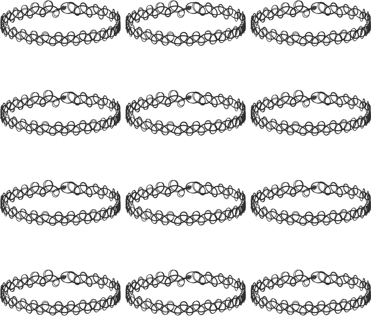 Dailygoods- Halskettingset 12 Stuks - Zwarte Stretch Halsbanden - Choker Ketting - Vintage/Punk/Gothic - Jaren 90 Accessoires - Rekbaar tot 60 cm