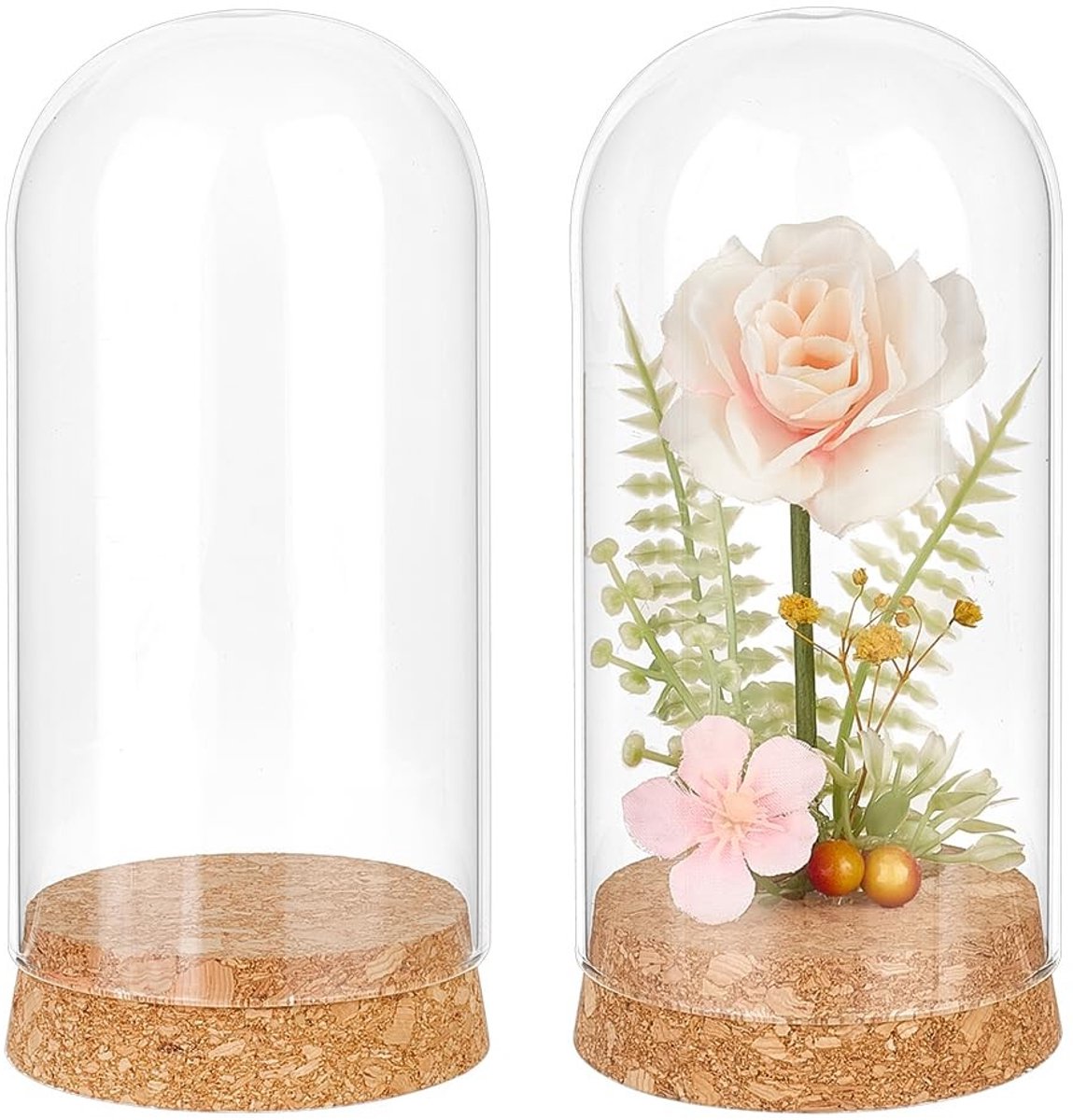 Dailygoods- Glazen Klok - 2 Stuks - Decoratieve Glazen Flessen - Hoogwaardig Glas - Kurkvoet - Afmetingen 130 x 65 mm - Binnendiameter 61 mm - Glazen Bel