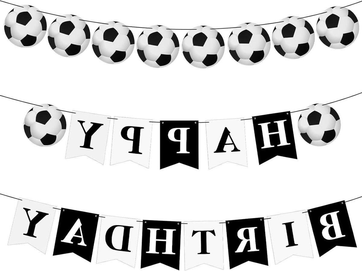 Voetbal verjaardag banner set van 2, zwart-wit slinger voor jongens en meisjes, feestdecoratie voor sportfans, verjaardagsfeest benodigdheden en vlaggen voor kinderen
