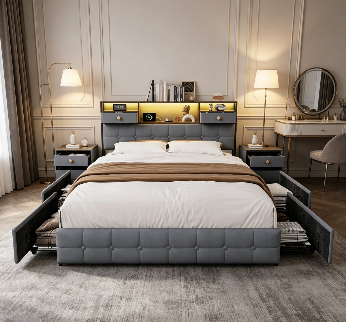 ROSAHQNDA Gestoffeerd bed met ledverlichting, USB- en Type-C-oplaadpoort, modern platformframe van 160x200 cm met hoofdbord met 2 lades en 4 opberglades onder het bed, tweepersoonsbed voor volwassenen en tieners, grijs, flanellen stof, exclusief matras
