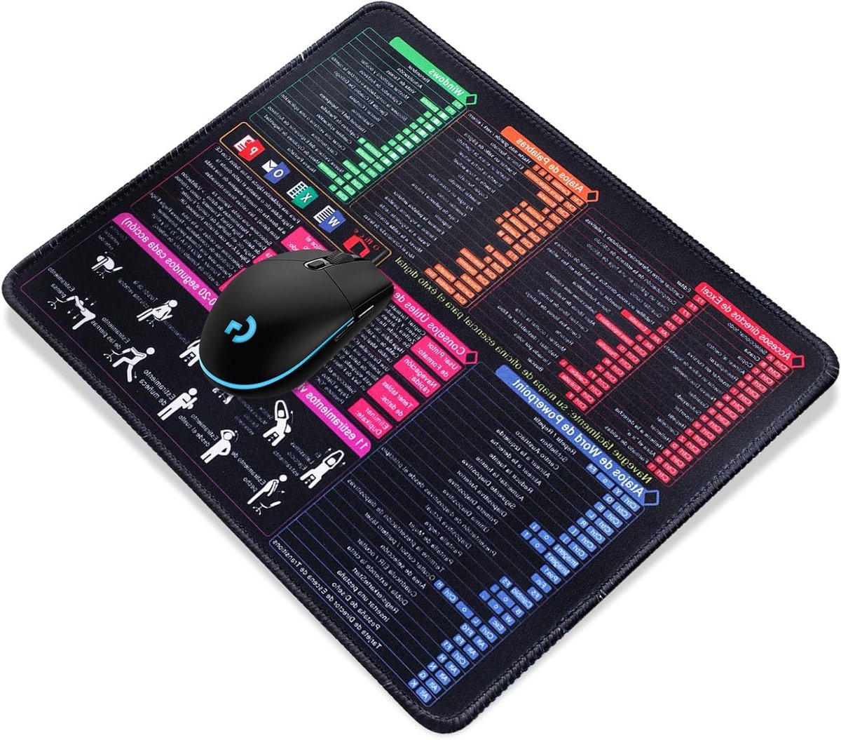 Grote Muismat met Hotkeys in het Spaans voor Kantoor en Gaming, Gestikte Randen, Antislip en Gevoerd, Ideaal voor Comfort en Precisie