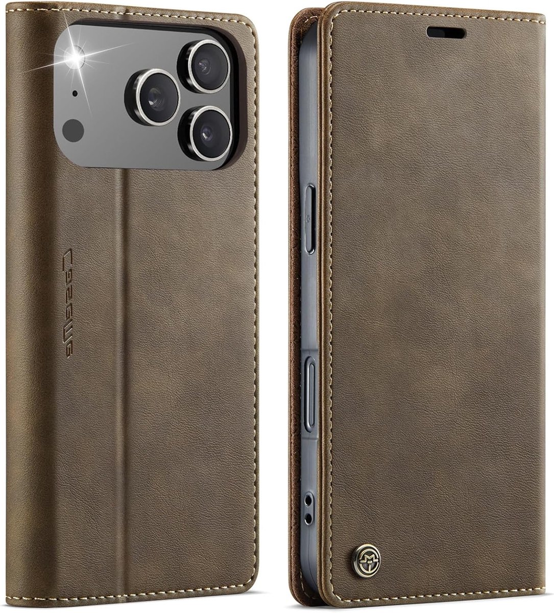 Premium PU Leren Flip Case voor iPhone 17 Pro met RFID Bescherming en Kaartvak, Vouwbare Standfunctie en Duurzaam Ontwerp in Koffiekleur