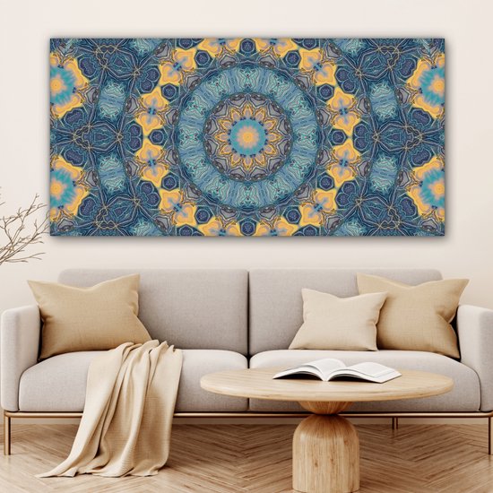 Canvas schilderij 160x80 cm - Wanddecoratie Cirkel - Blauw - Mandala - Muurdecoratie woonkamer - Slaapkamer decoratie - Kamer accessoires - Schilderijen op canvas