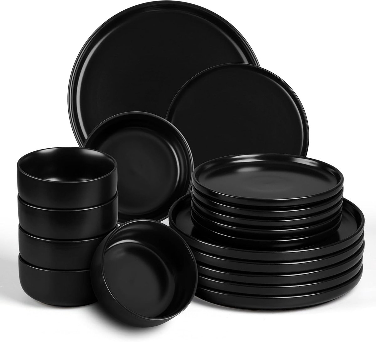 Complete Servies Set voor 6 Personen, 18-delig Steengoed Diner Set met Soepborden, Dessertborden en Ontbijtborden, Magnetronbestendig - Tijdloos Zwart Design