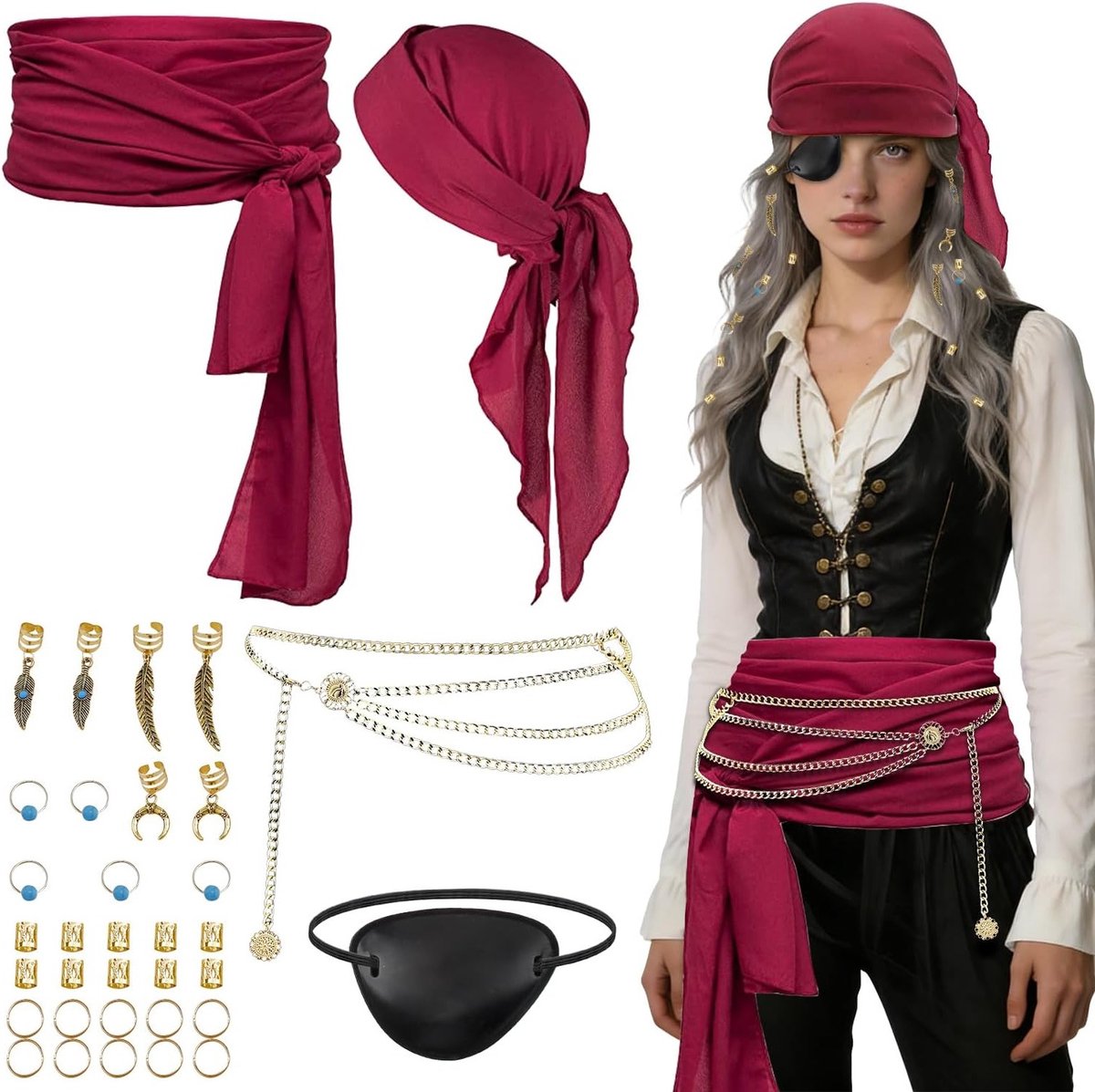 Piratenkostuum voor Mannen met Accessoires: Piratenhalsketting, Riem, Rode Sjaal en Ooglap voor Carnaval en Halloween