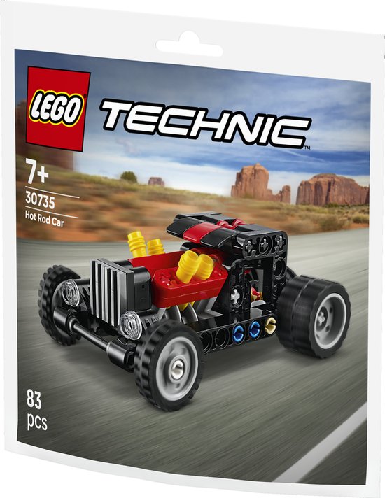 LEGO Technic Hot Rod auto (30735) met rode motorblokken en zwarte body.