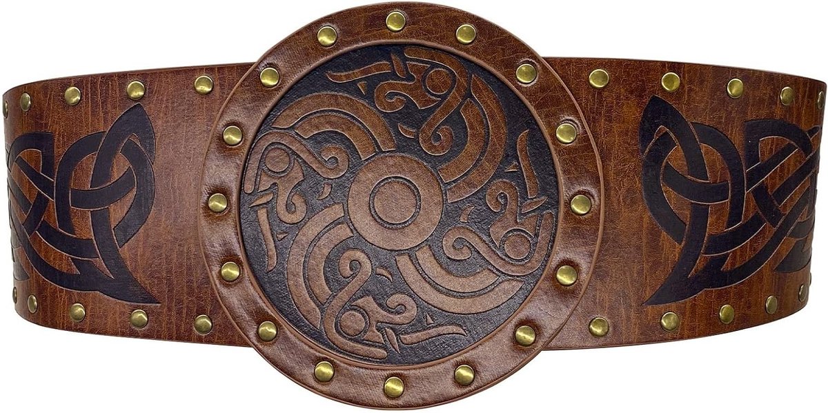 Middeleeuwse bruine leren riem met Viking kompas reliëf, Keltische ridder riem voor cosplay en historische kostuums