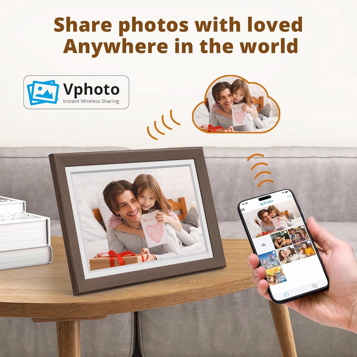 Digitale fotolijst - Foto display - Herinneringen delen - WiFi verbinding - 10 inch - Bruin — cadeau in Wonen & Interieur - foto 4