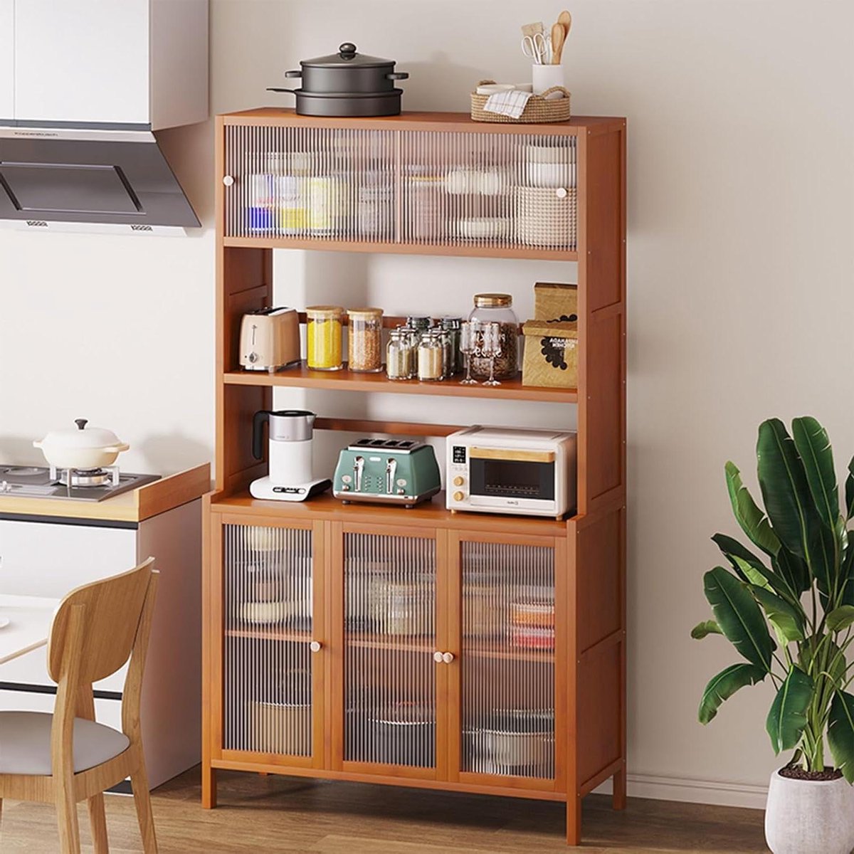 Keuken Opbergkast - Hoge Kast - Keuken Organiseren - Schuifdeuren en Lades - 163 cm - Bruin