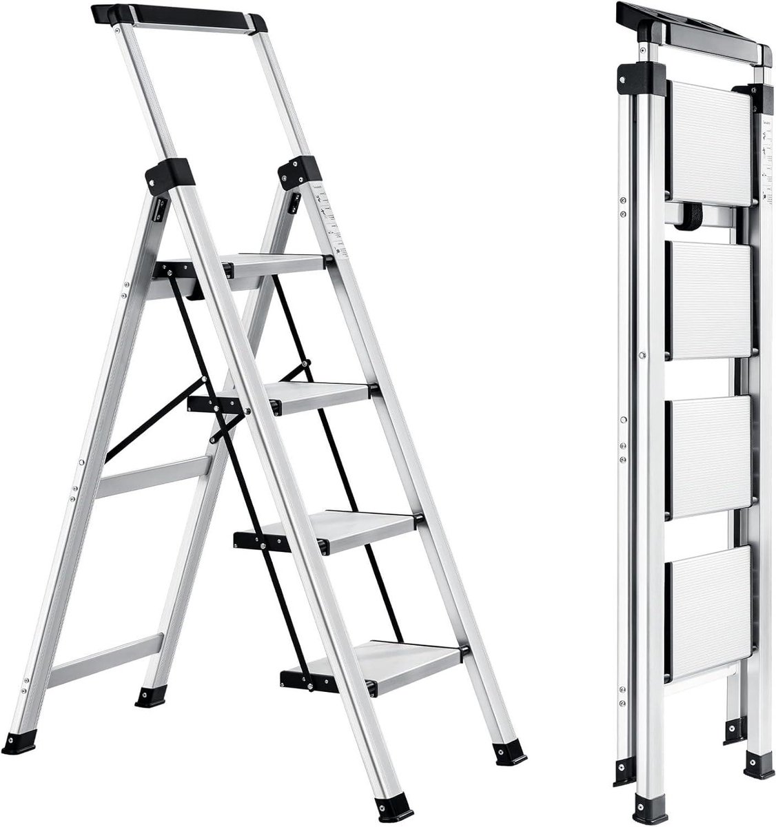 Vouwtrap met Handgreep - Opstapladder Klapbaar - Huishoudelijk Werk - Met Gereedschapsbak - 4 Treden - Zilverkleurig