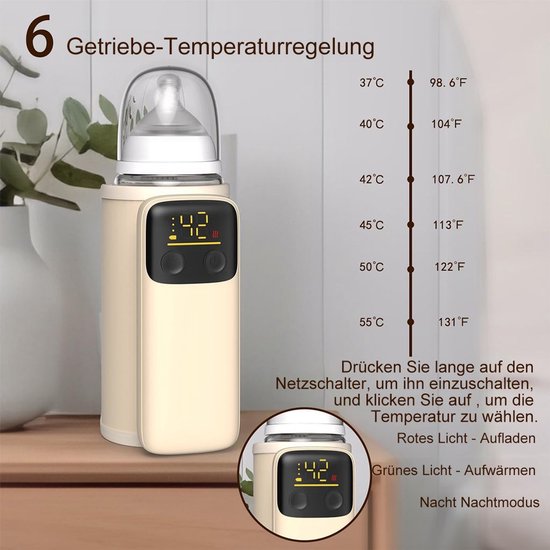 Draagbare flessenwarmer voor baby's met een ingebouwde 8000mAh-batterij, die moedermelk 4-8 uur warm kan houden, draadloze verwarming en een led-display. — afbeelding 3