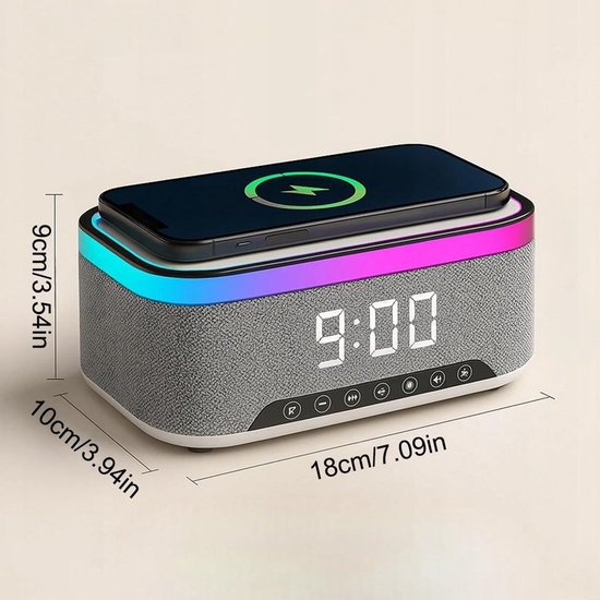 Bluetooth-luidspreker, digitale radio-wekker met oplaadstation, 15W snellader, Bluetooth-luidspreker, LED-verlichting, USB-oplader, FM-radio — afbeelding 4