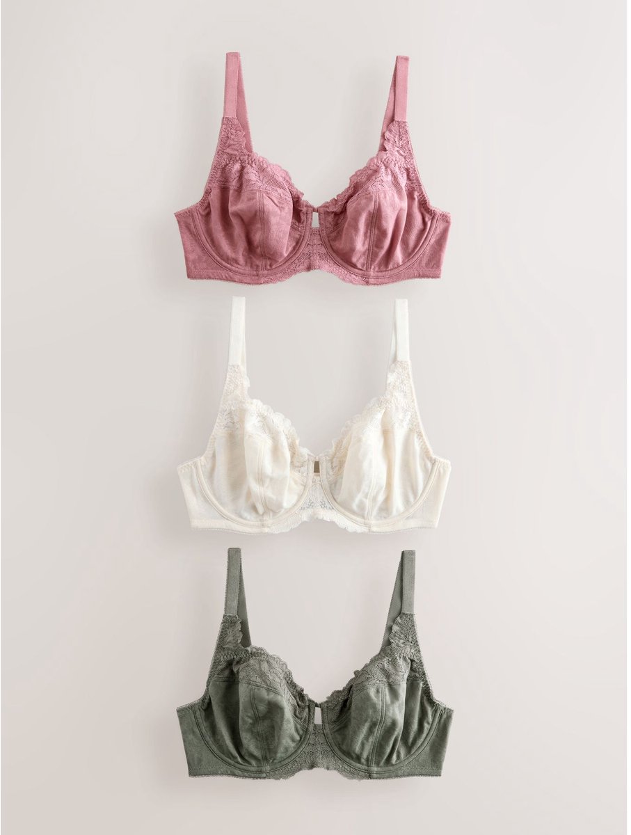 Next Dames - Set van 3 DD+ beha's met beugel, kanten rand en volledige cups zonder vulling - Groen Green/Pink/Cream
