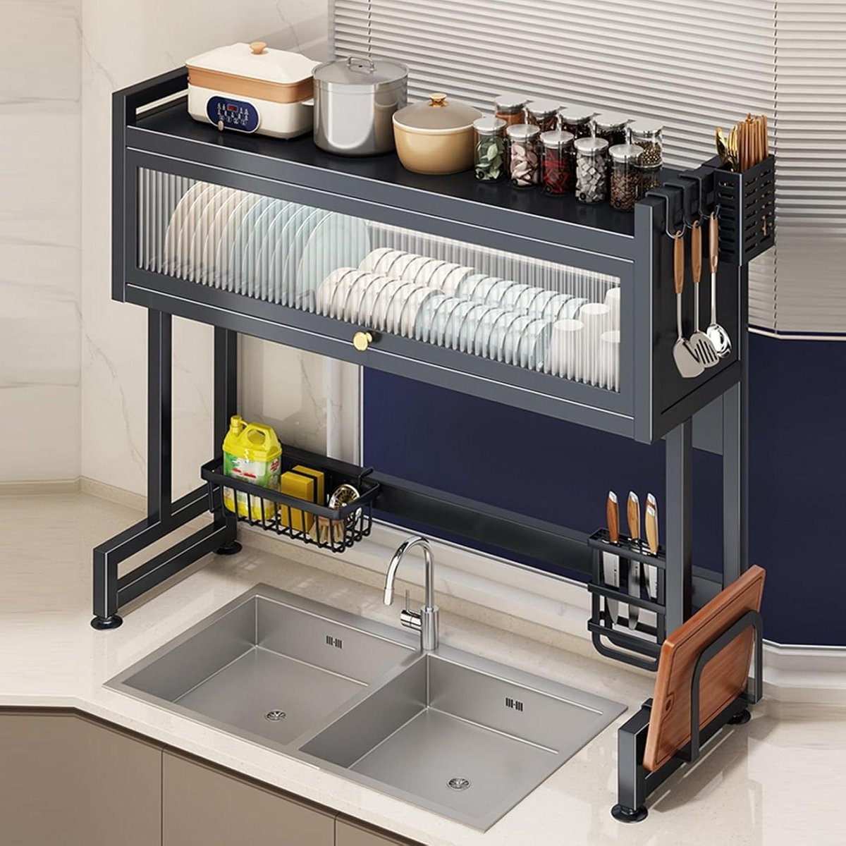 Afwasrek boven gootsteen - Keuken organizer - Keuken opruimen - Stofdichte deur - 2-laags - Zwart