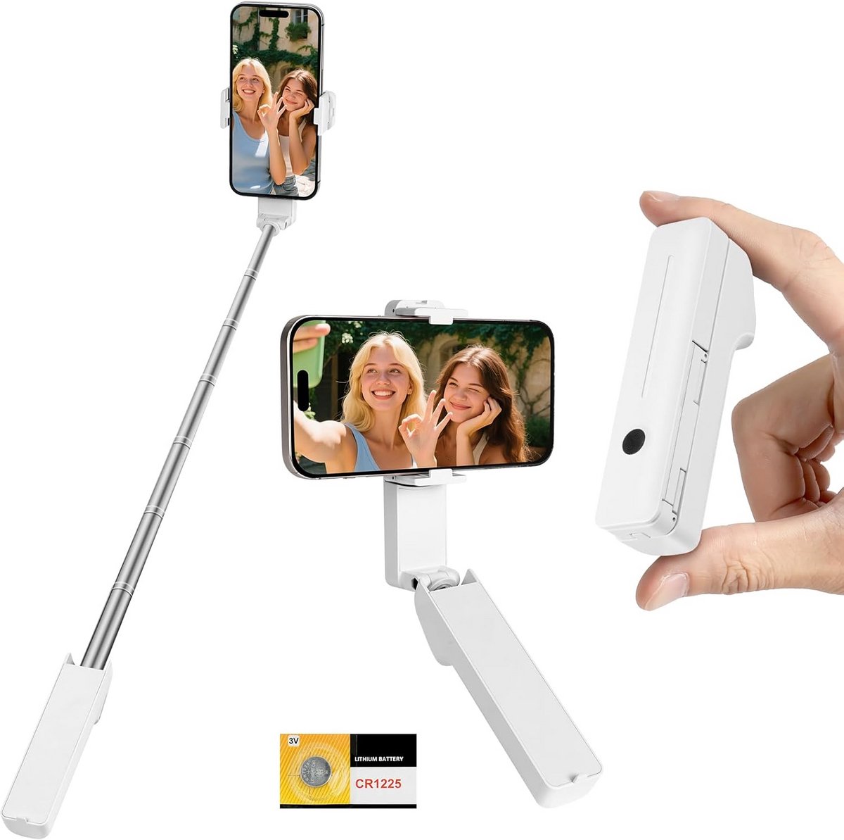 Mini Selfiestick - Draagbare Houder - Vloggen en Reizen - Compact en Uittrekbaar - 70 cm - Wit
