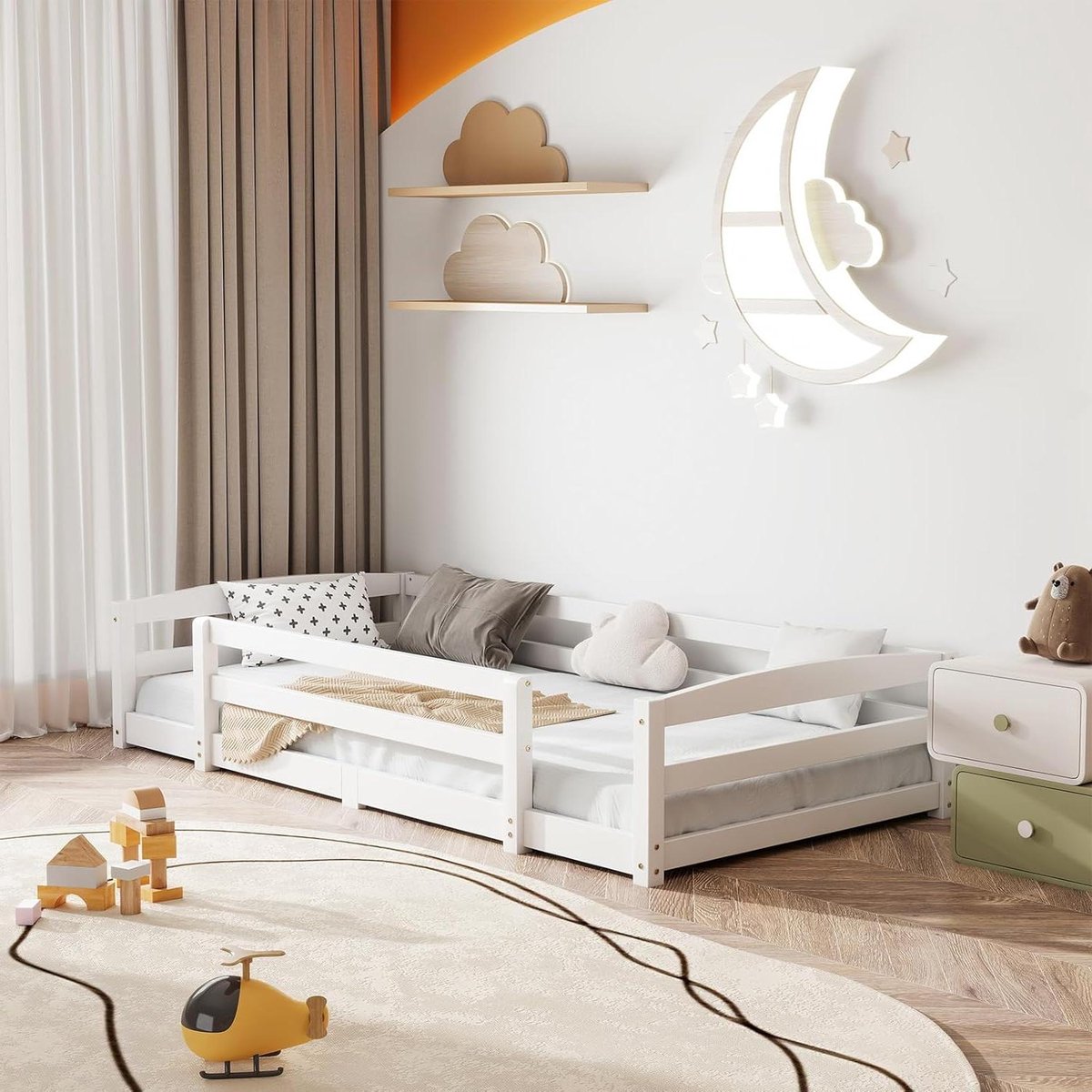 Kinderbed - Vloerbed peuter - Zelfstandig slapen - Met valbescherming - 90x200 cm - Naturel