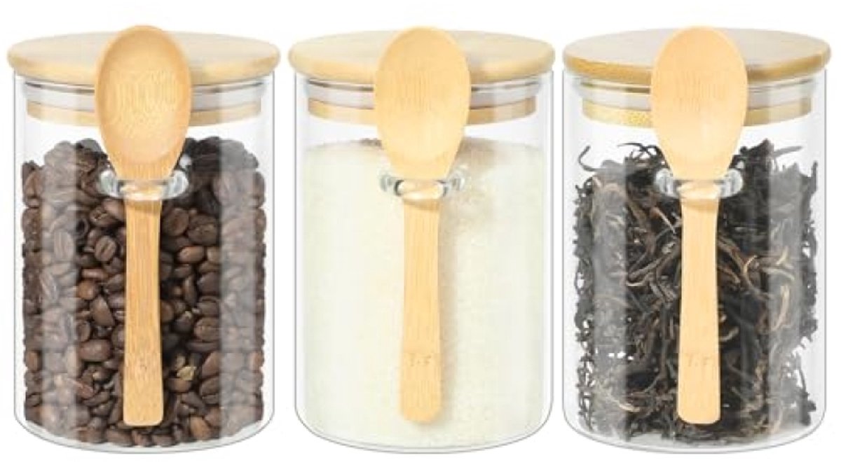 PromoHome Glazen Voorraadpotten met Deksel en Lepel - Luchtdicht - 3 stuks 600 ml - voor Thee, Koffie, Suiker, Kruiden, Noten, Havermout - Bamboe Deksel met Siliconenafdichting
