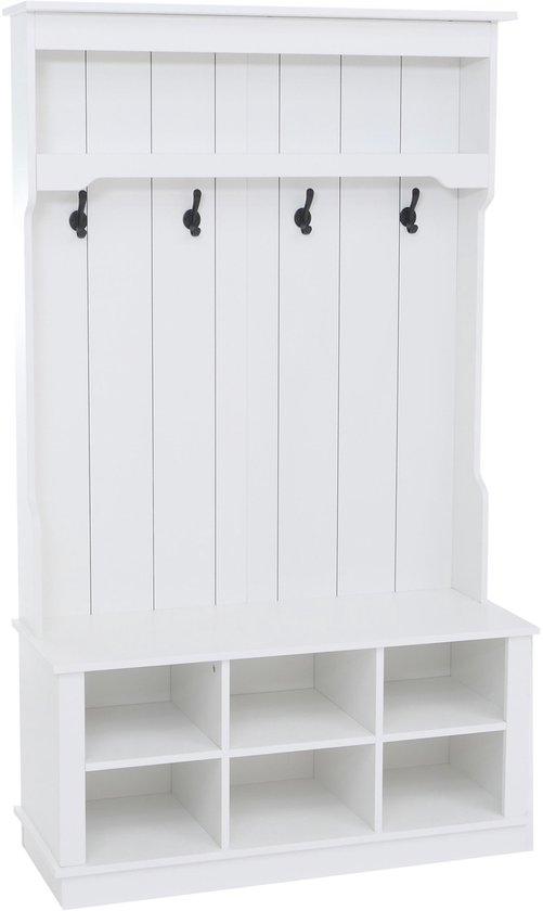 Witte halgarderobekast met 4 haken, een zitbank en zes opbergvakken, vanuit een hoek gefotografeerd.