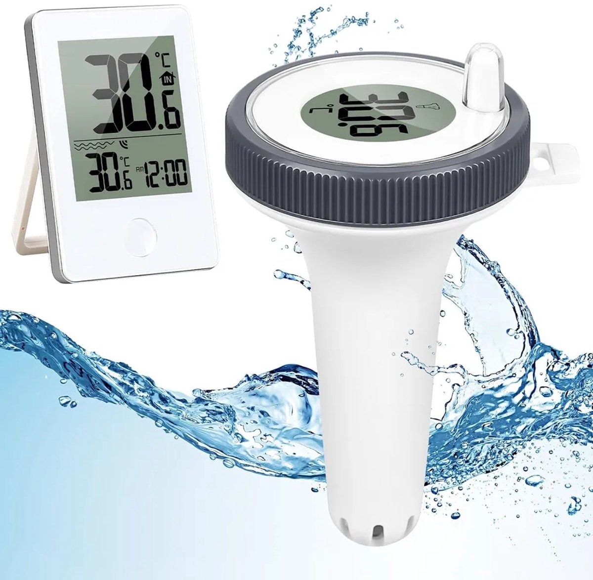 Dit is een drijvende zwembadthermometer met een draadloze ontvanger, lcd-display en een waterdicht ontwerp. Hij is tevens voorzien van een binnentemperatuur- en luchtvochtigheidsmeter.