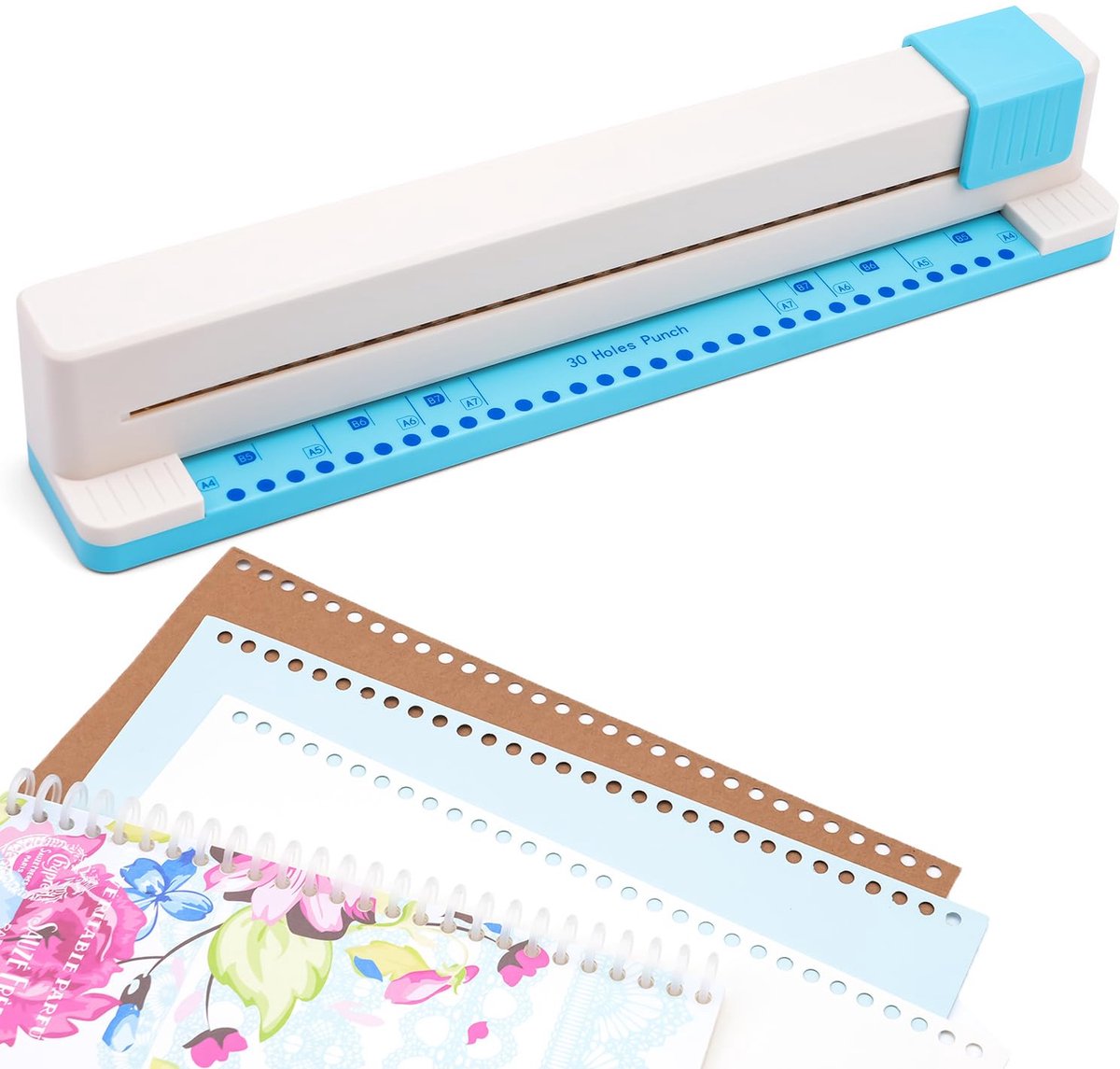 QTTVBTNA 30-gaats Papierperforator – Verstelbare Ringenperforator voor Agenda’s, Notitieboeken & Documenten – Compatibel met A4, A5, A6, A7, B5, B6, B7 – Draagbaar & Ergonomisch