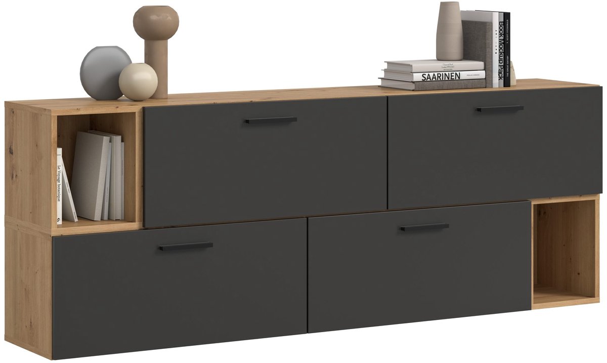 Modulaire woonwand in artisan eik en basalt - Stijlvolle opbergoplossing voor elke ruimte - 176cm