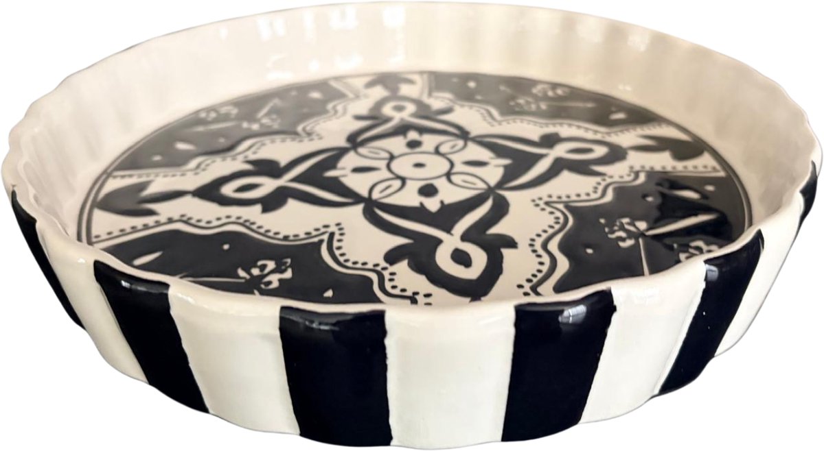 Quicheschaal taartvorm Black Fond serveerschaal handgemaakt Ø 24 rond zwart wit | QU.BF.30 | Dishes & Deco