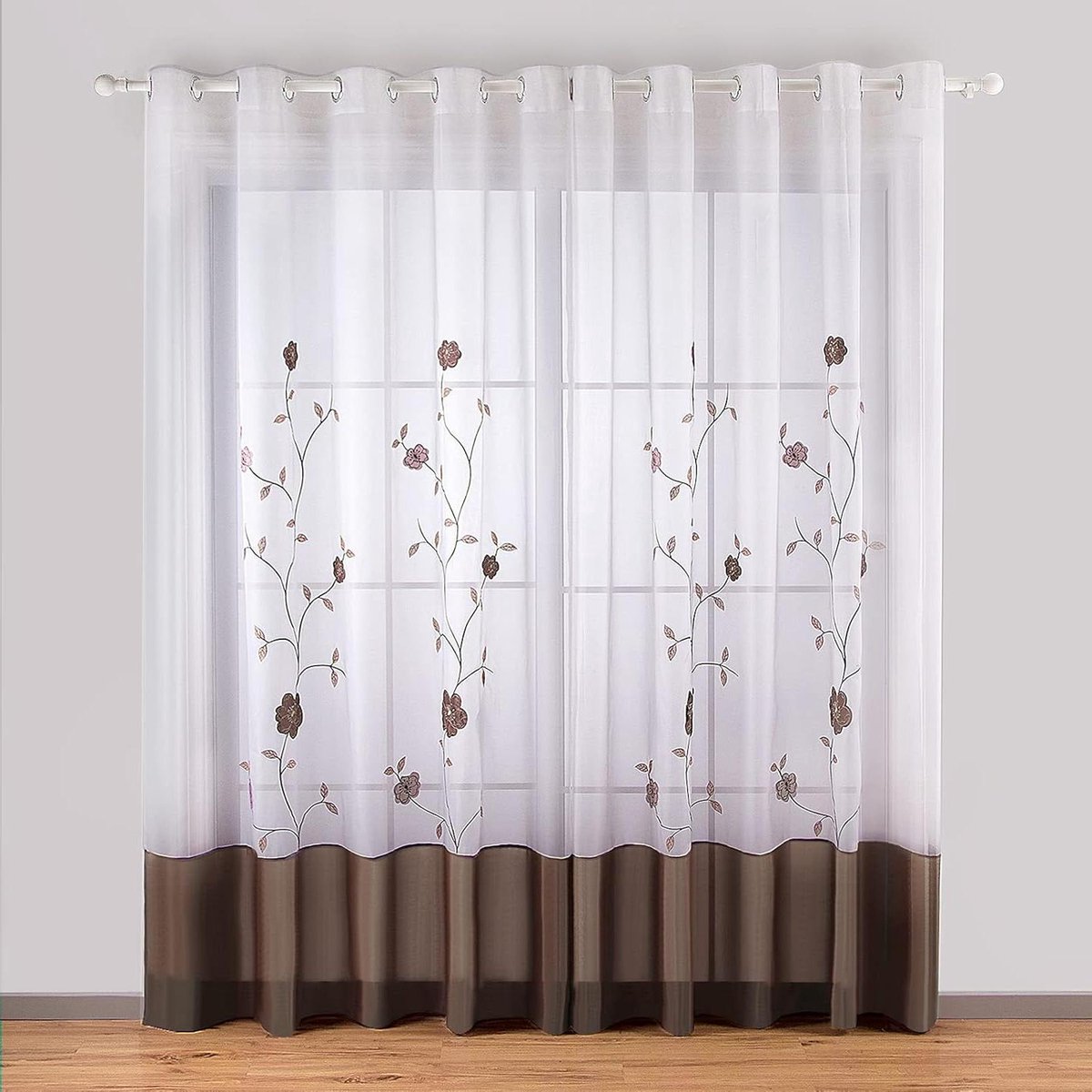 Transparante Gordijnen - Vitrage Gordijnen - Woonkamer Decoratie - Bloemen Borduurwerk - 140x175 cm - Bruin