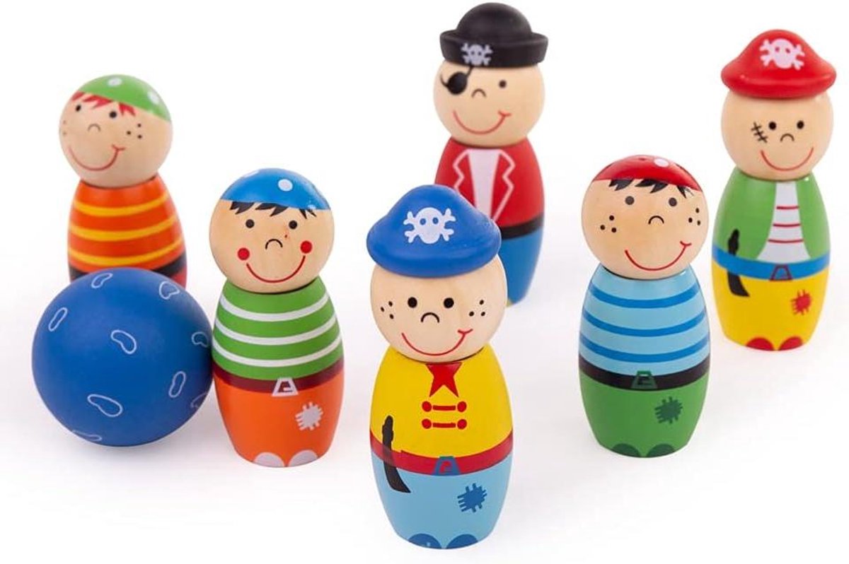 Houten Piraten Kegelspel - Kinderspel Kegelen - Binnen Buiten Spelen - Inclusief 7 Delen - Veelkleurig