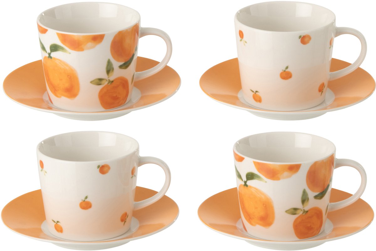 J-Line kopje + schoteltje Orange - keramiek - wit/oranje - large - doos van 4